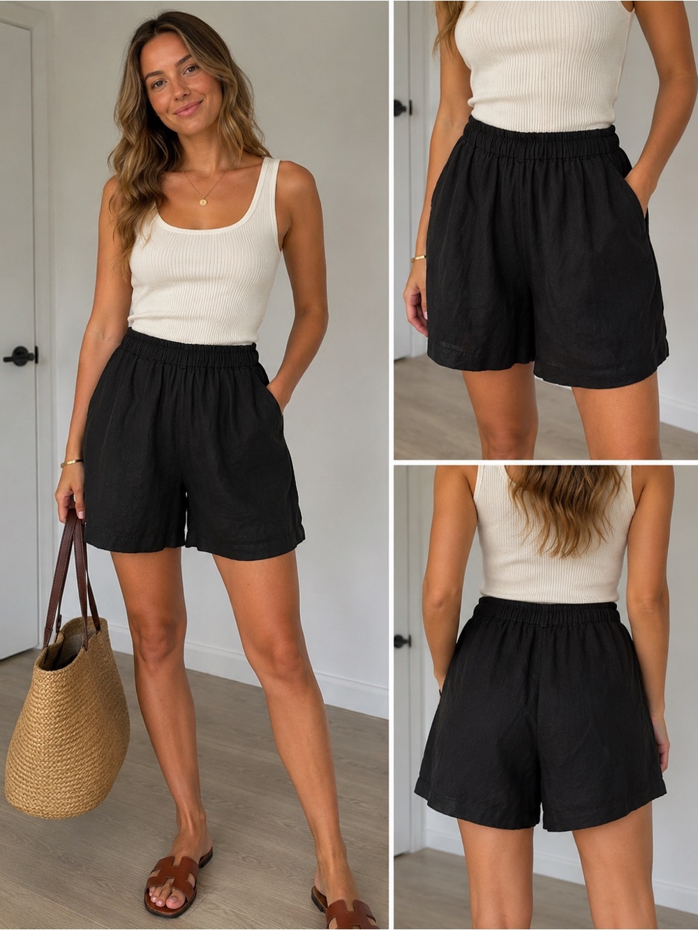 7 High-Waist linen Black Shorts with zip and Side Pockets